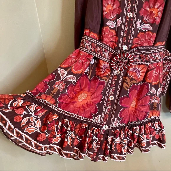 SOLD FARM Rio Gigi Tapestry Brown Mini Dress Beaded Buckle Red Floral Size L - Picture 11 of 16
